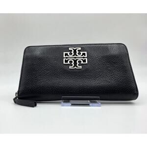 Tory Burch Black Pebbled Leather Large Zip Around Wallet Double T Logo